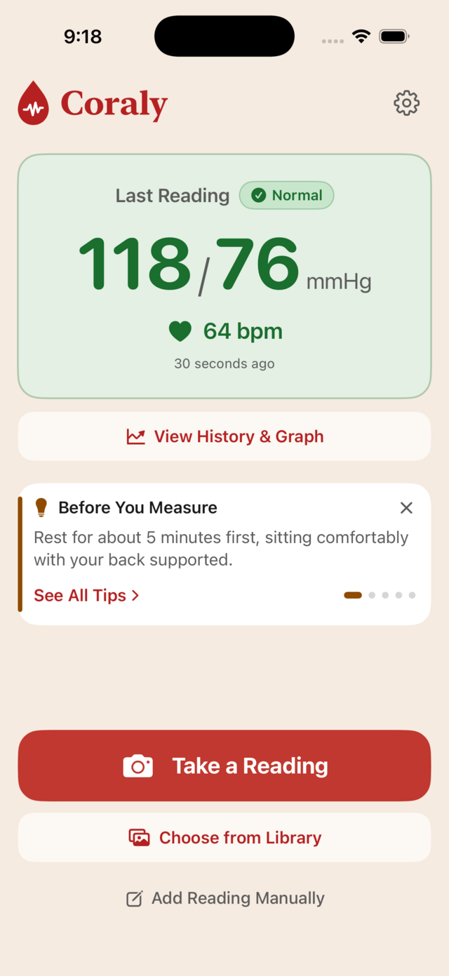Coraly home screen showing a last reading of 118 over 76, labelled Normal
