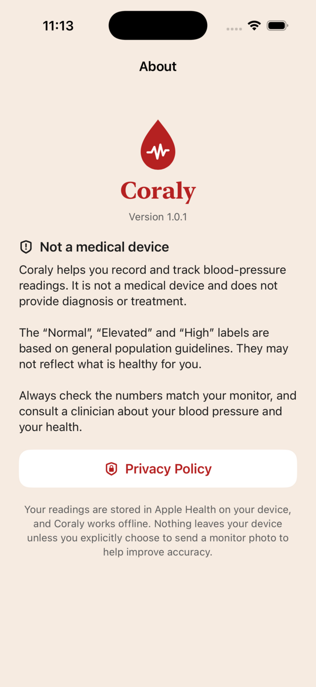 Coraly about screen explaining its privacy and that it is not a medical device