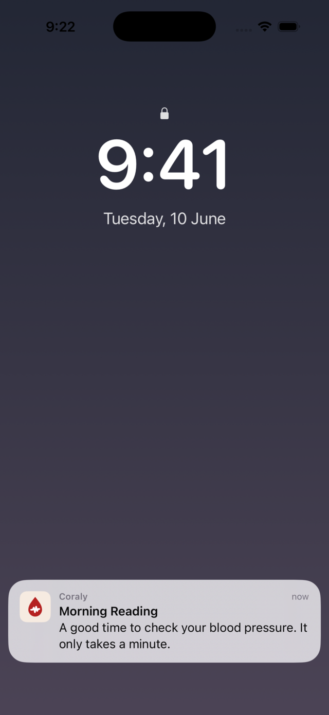 A Coraly lock-screen reminder: Morning Reading, a good time to check your blood pressure